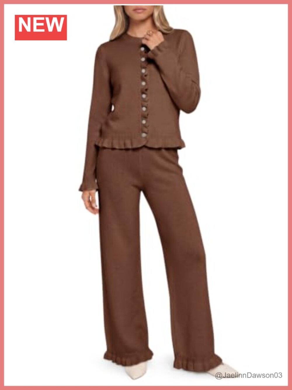 Ruffle Sweater Lounge Set Button Knit 2 Piece Outfit Wide Leg Pants